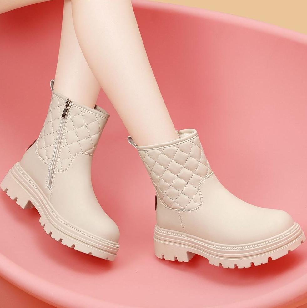 Fashion Leather Waterproof Chunky Women's Snow Boots Winter Fleece-lined Booties Trend 2025 Sale Fashion Plush Warm Luxury Ladies Shoes