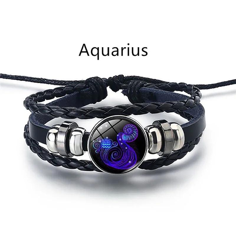 12 Constellation Luminous Bracelet Men Women Couple Multi-Layer Handmade Woven PU Rope Charm Bracelet Wristband Jewelry Gifts