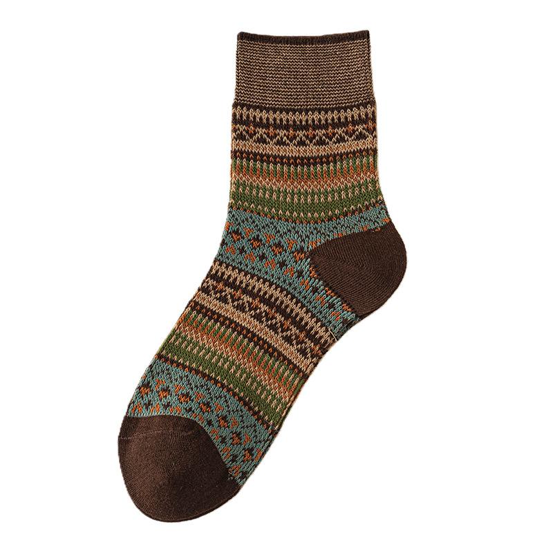 Women's Pair Mid-calf Socks, Retro Ethnic Style Women's Socks, Autumn and Winter Coffee-colored Long Socks