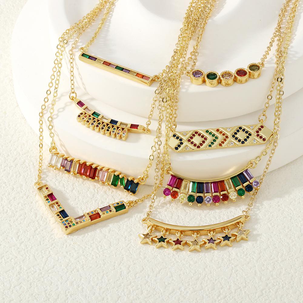 

Colorful T-Shaped Zircon Pendant Necklace with Star Clavicle Chain for Women