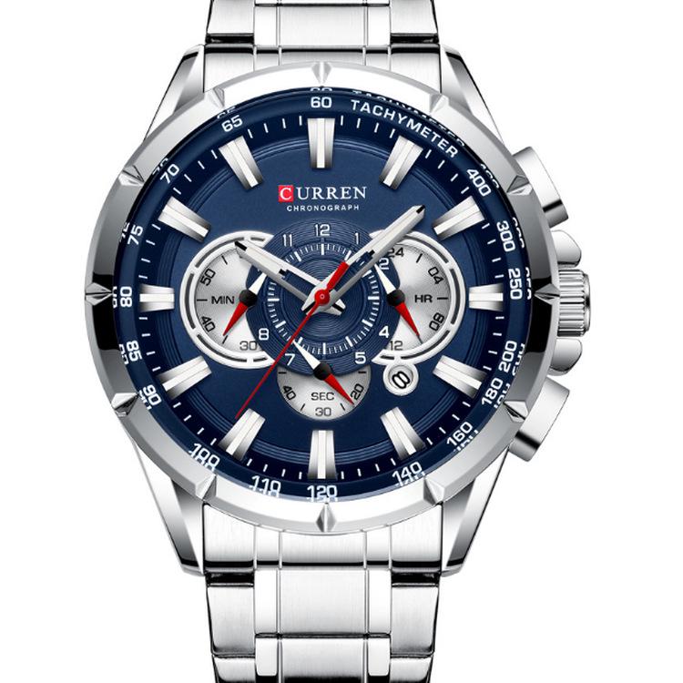 CURREN 8363 Men's Waterproof Quartz Steel Band Watch with Multifunctional Seven-Needle Design and Calendar/Weekday Display.