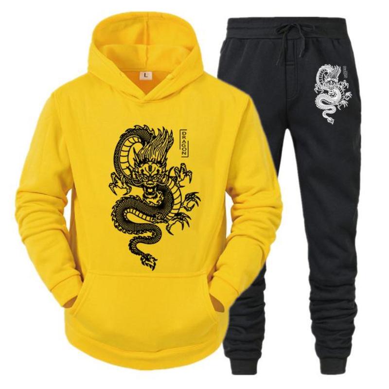 Men's And Women's Long Sleeves Set Hoodie+Pant Spring Winter Dragon Print Casual Sweatshirt Sportwear Men Clothing