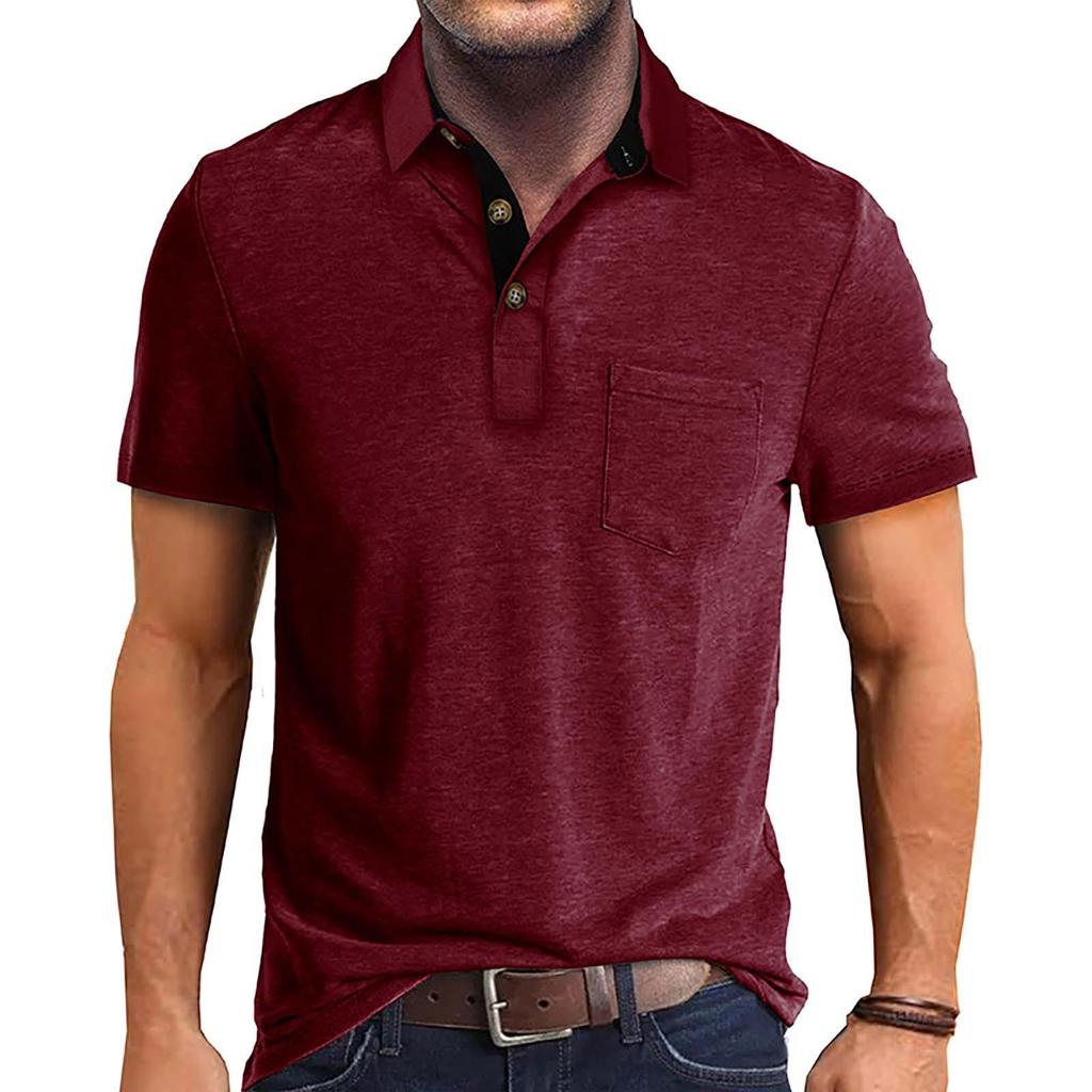 Men's Summer Solid Color T-shirt With A 3 Button Open Collar And Button Up Short Sleeved Top