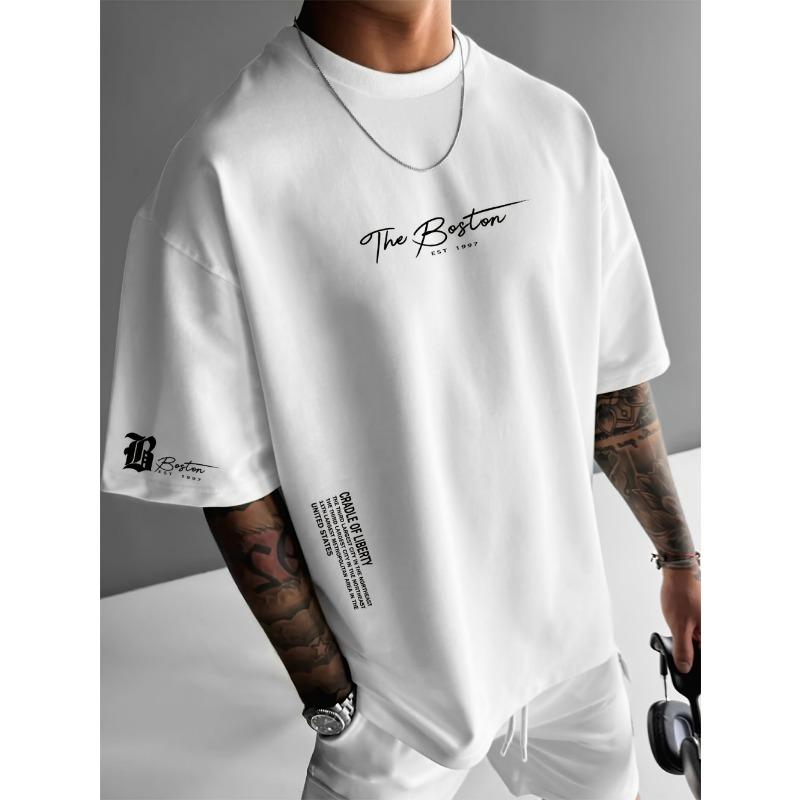 ETST46 Zomer Nieuw Mannen Casual Los Kort Gebreid Rond Hals T-shirt Boston 1997 Bedrukt Patroon Buiten Fitness Polyester Vezel Top L