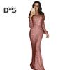 Women Prom Dress Tassel Sleeves Sheath Slim Fit V Neck Solid Color Sequin Fishtail Hem Evening Dress Cocktail Party Maxi Dress