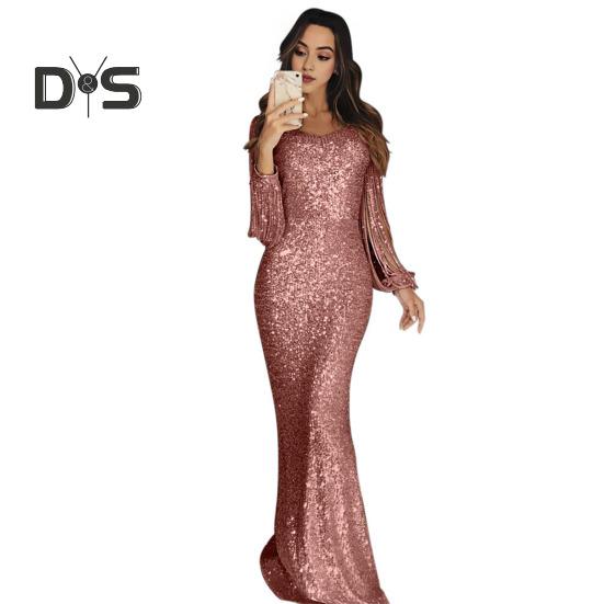 Women Prom Dress Tassel Sleeves Sheath Slim Fit V Neck Solid Color Sequin Fishtail Hem Evening Dress Cocktail Party Maxi Dress
