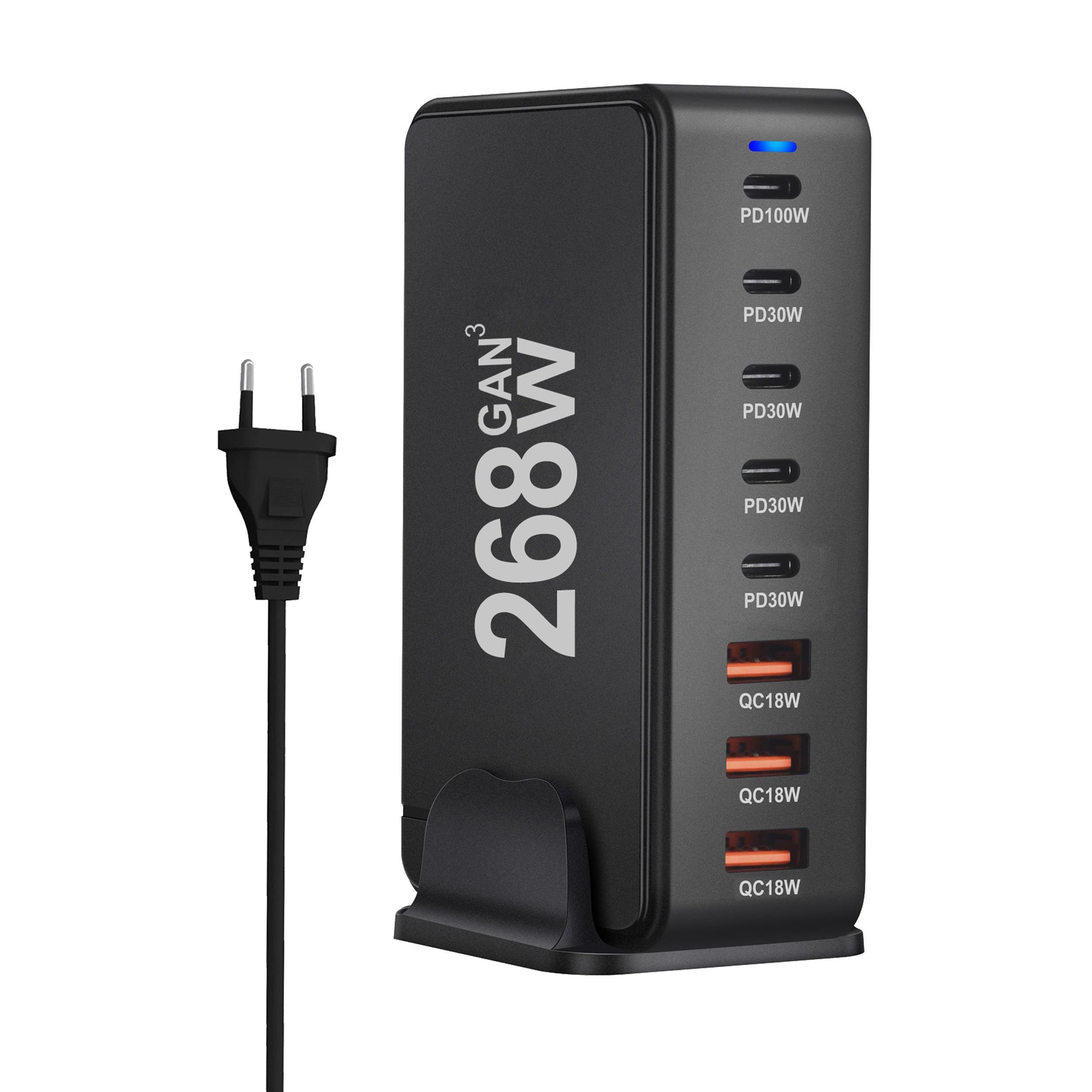 

268W Desktop GaN Charger 8-port USB Type C PD Charger Fast Charge 3.0 USB Type C Fast Charger Mobile USB Charger 268W-EU-Black