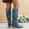 Women Denim Retro Long Round ToeThick Heel Western Cowboy British Style Knee-high Knight Ethnic 2024 Shoes for Women