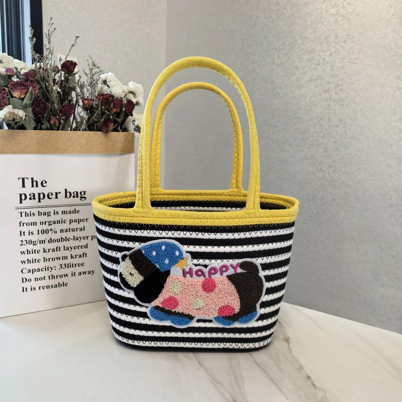 Dachshund Woven Bag Bucket Bag Tide Contrasting Color Cotton Rope Woven Puppy Shoulder Bag Large Capacity Tote Bag Gift
