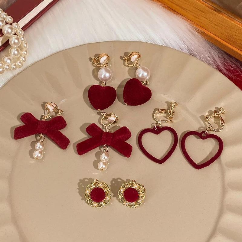 Red Flocked Fabric Bowknot Flower Clip On Earrings Without Pierced Women's Party Festival Elegant Cuff Earrings Ear Clip