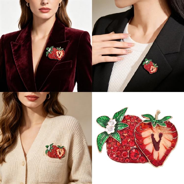 Crystals Accented Strawberry Brooch Multipurpose Fashion Jewelry For Banquets Office Wear Ensembles