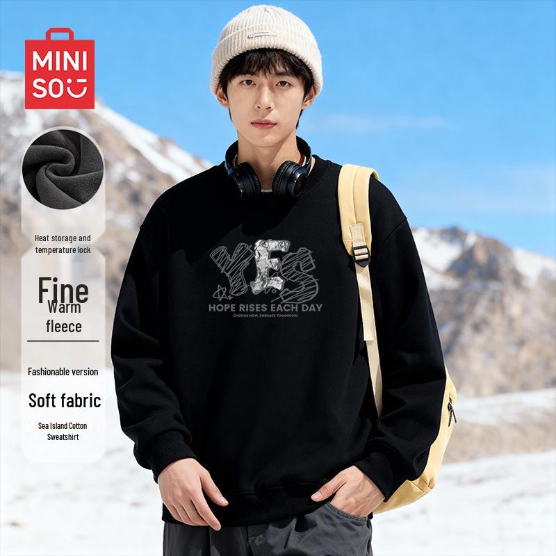 MINISO Men s Fleece-Lined Round Neck Pullover Sweatshirt M