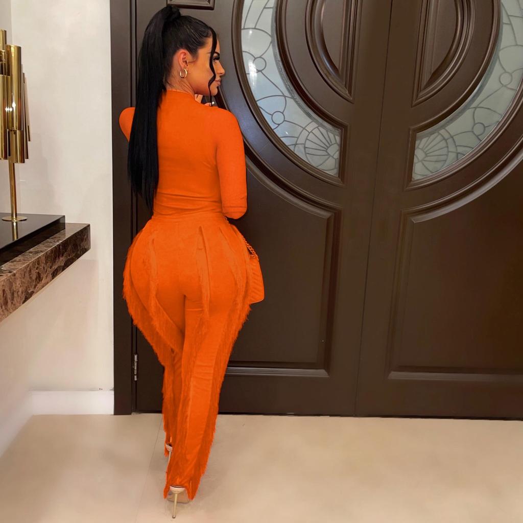 European and American Women's Tassel Lace Jumpsuit Set - Solid Color Sportswear, Autumn/Winter