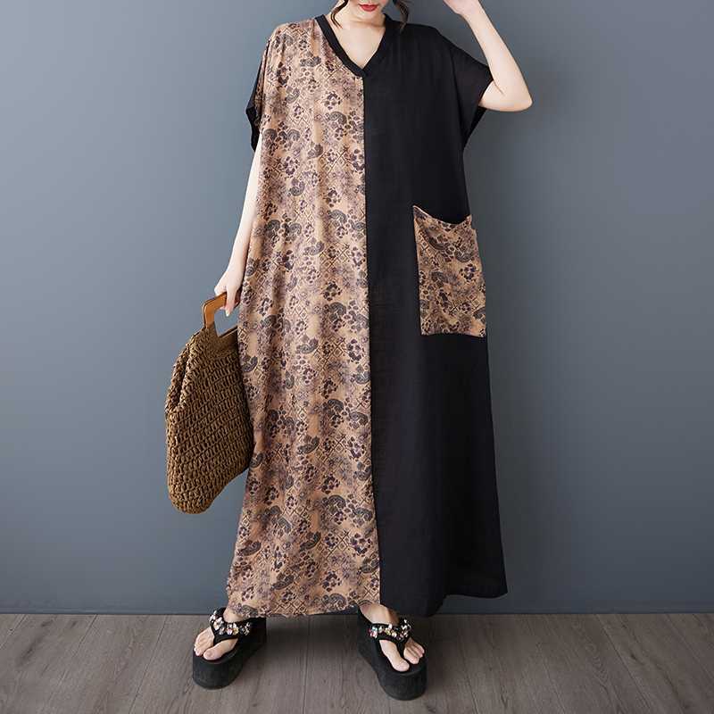 Women's Retro Slimming Short Sleeved Color Blocked Ultra Long Dress