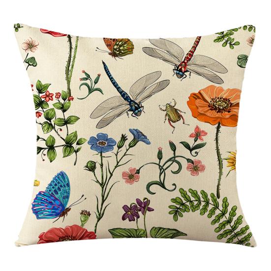 Floral Cushion Cover, 18x18 Inch Decorative Throw Pillow Cover with Hidden Zipper, Plant Insect Flower Patterns, Cushion Case for Sofa Car Home Decor