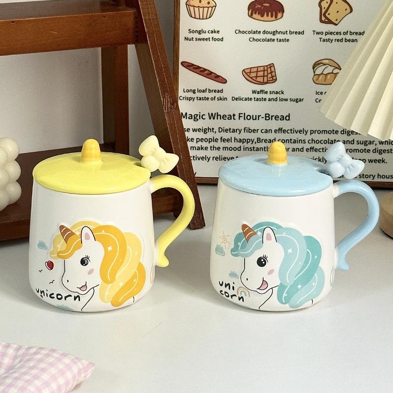 Cute Rainbow Unicorn Ceramic Mug with Lid Spoon Girl Heart Drink Water Cup Office Coffee Cup Gift
