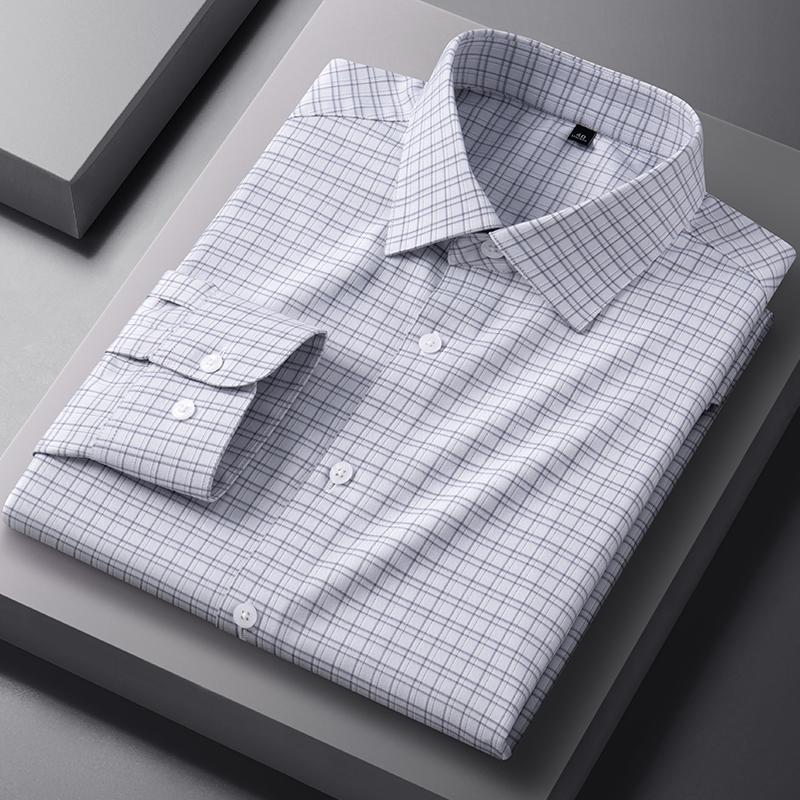 New in Shirt Luxury Houndstooth Long Sleeve Shirts for Men Slim Fit Casual Elastic Tops Soft Anti-Wrinkle Plaid Clothes
