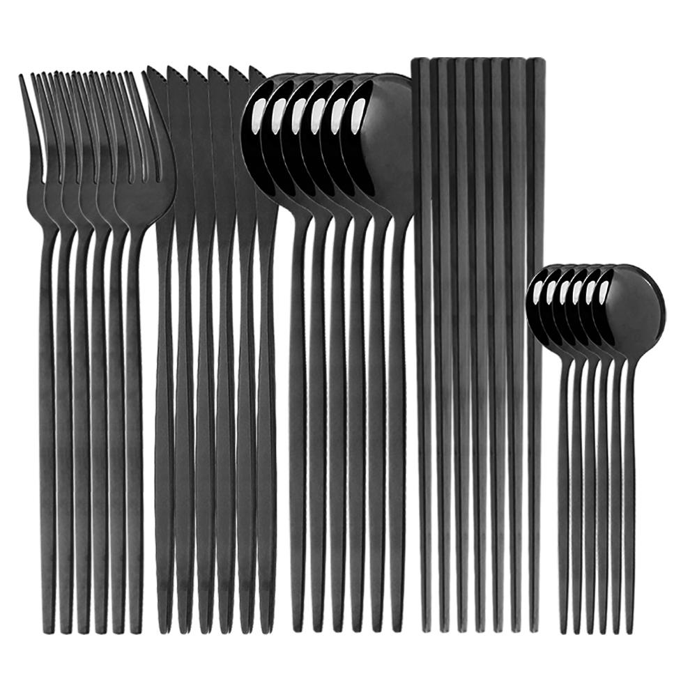 Set di posate occidentali Set di stoviglie Stoviglie in acciaio inossidabile Cucchiaio nero Forchetta Coltello Bacchette Set da cena Posate complete per la casa