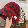 Plaid Wool Knitted Beanie Cap For Women Elastic Winter Ear Warmer Skullies Caps Casual Outdoor Windproof Pullover Hats
