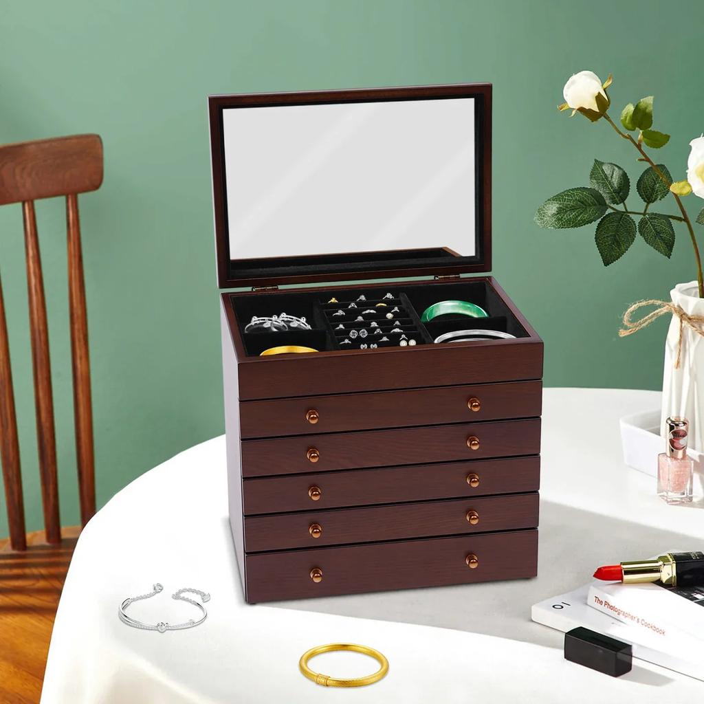 6-layer jewelry box, jewelry organizer, wooden jewelry case, large box, vintage jewelry box, large brown rectangular box