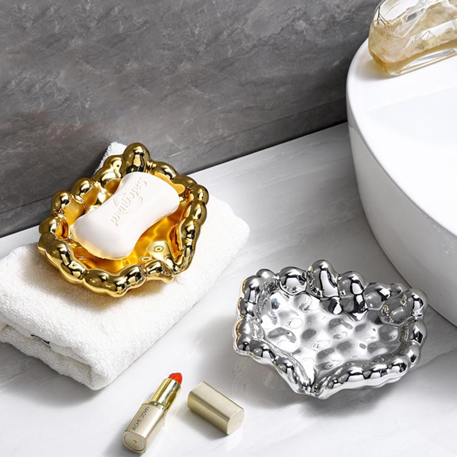 Quick DrainGolden/Silver Color Soap Dish Washbasin Countertop Storage Tray Washroom Accessories