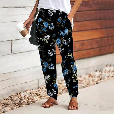 Women 3D Red Rose Print Pants Lace Up Elastic Waist Loose Trousers Casual Long Pants Trousers with Pockets