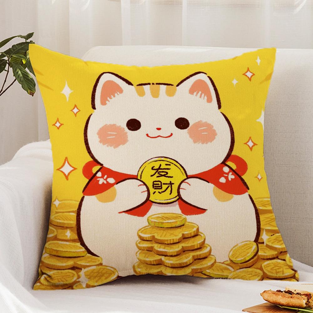 Neko Rich L-Luck Money Cat Cushion Cover Premium Comfort Reversible Pillow Cover - Dual - Use Design For Home & Car