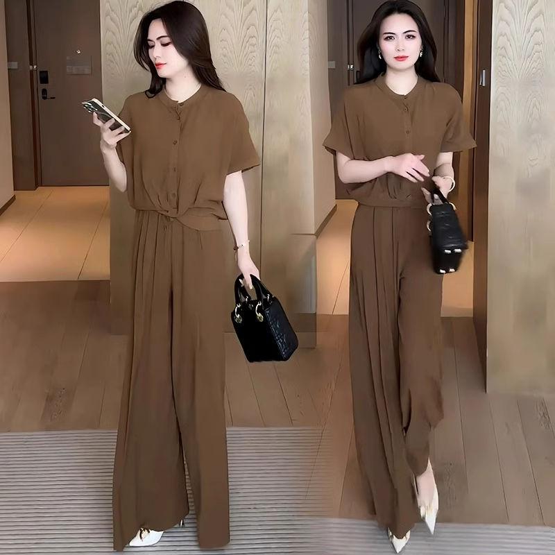 

Летний женский комплект из двух вещей большого размера 2025: Топ с коротким рукавом и повседневные широкие брюки M recommended for up to 100 lbs