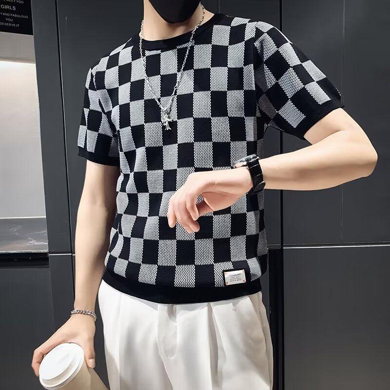 New Summer Versatile Knitted T-Shirts Ins Short-sleeved Fashionable Thin Plaid Hollow Slim Round Neck Trendy Top