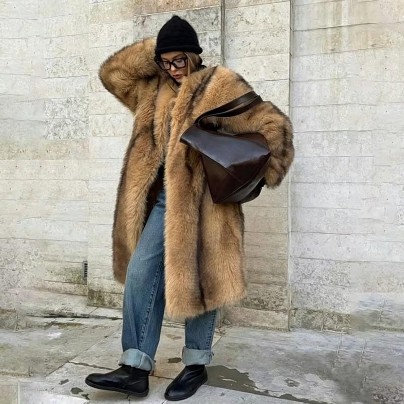 Color Block Striped Faux Fur Coat Long Warm Fashion Eco Jacket Women