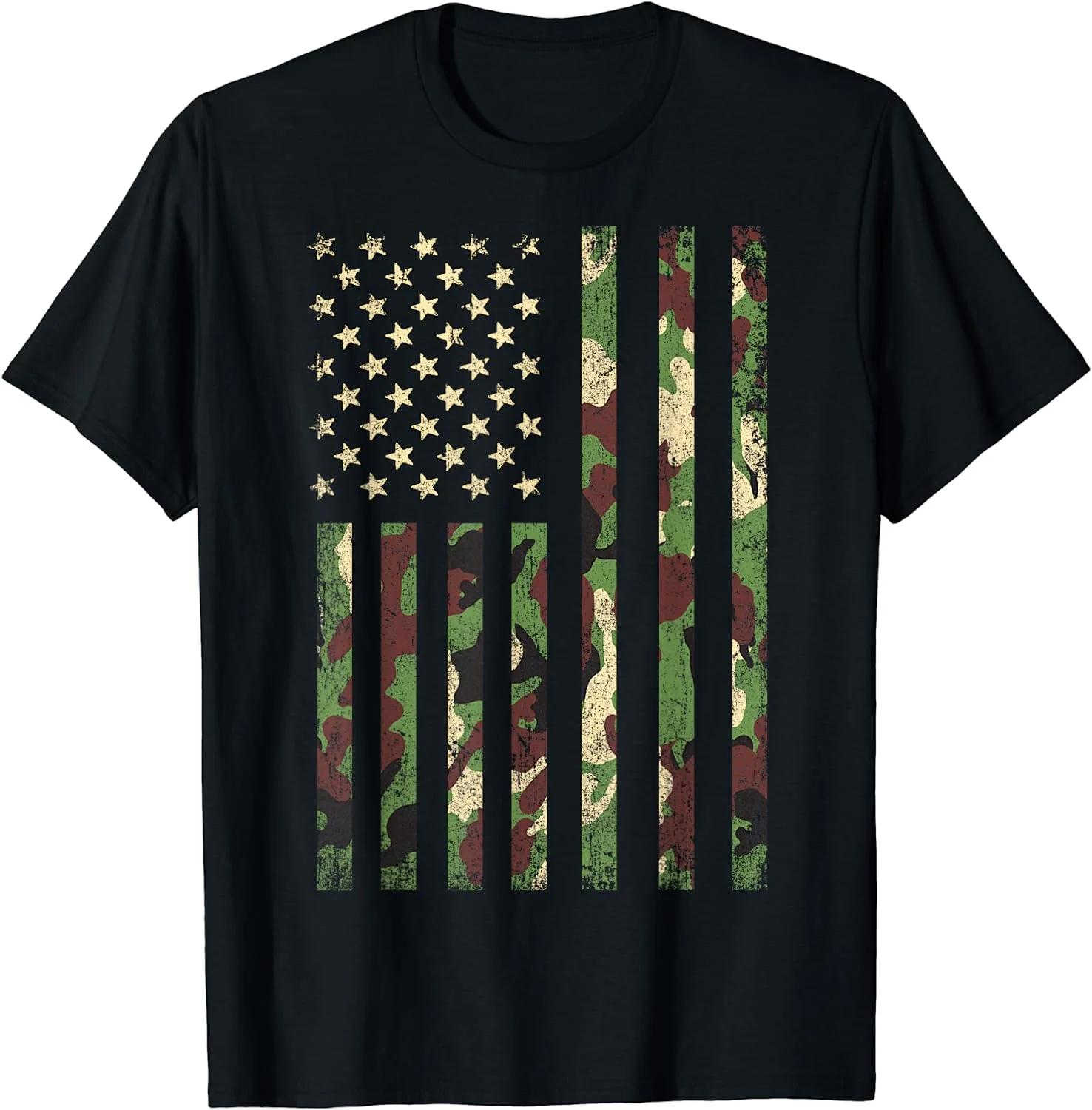 Distressed Camo American Flag Graphic TShirt Cotton Short Sleeve Round Neck Tee for Unisex L
