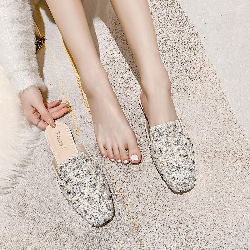 Fashion 2025 Summer Blue Crystal Slippers Women Square Toe Flat Heel Glitter Sandals Female Rhinestone Mules Slides Shoes Big Size 43