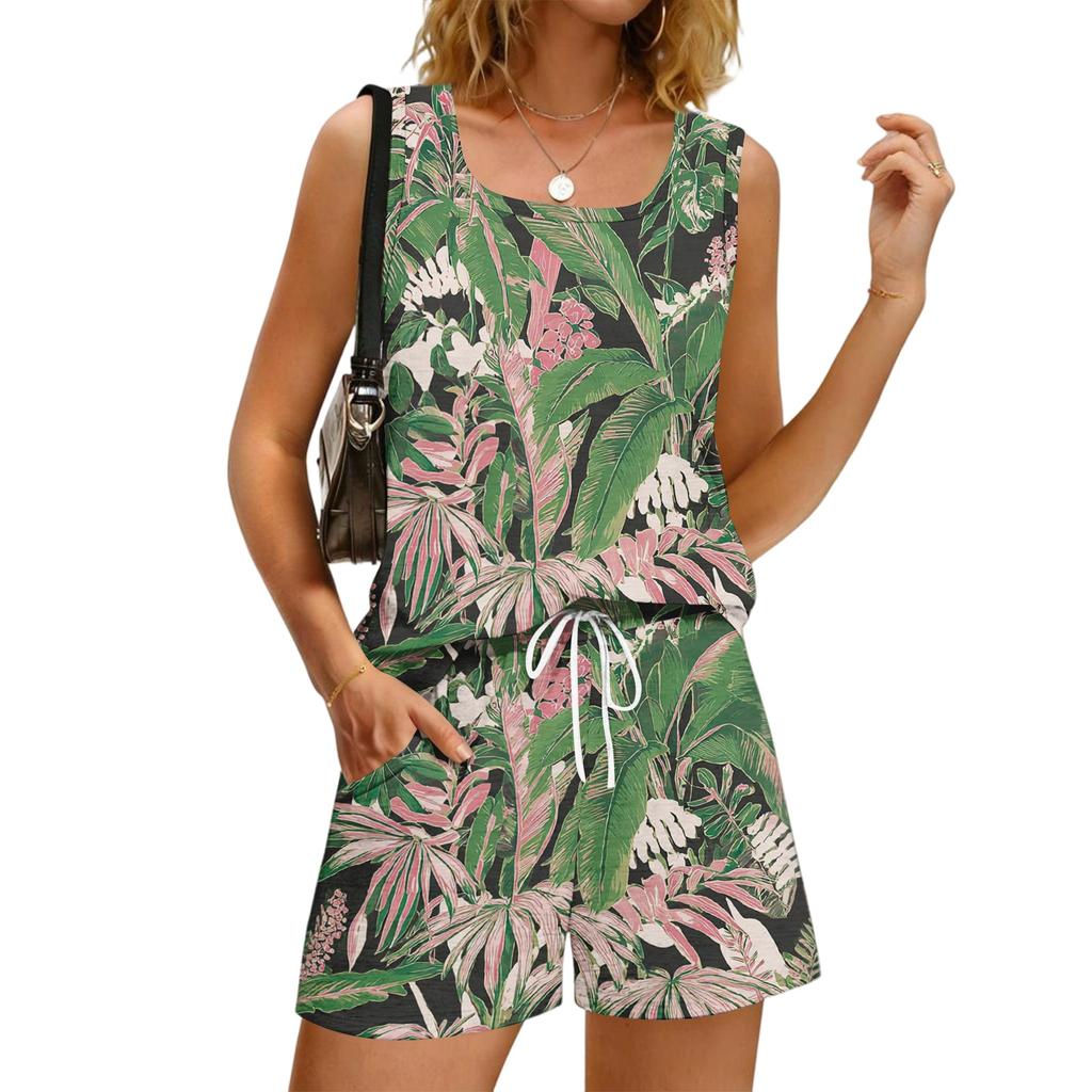 Women's Summer Floral Print Square Neck Sleeveless Tank Top and Shorts Set with Pockets - Casual 2 Piece Outfit
