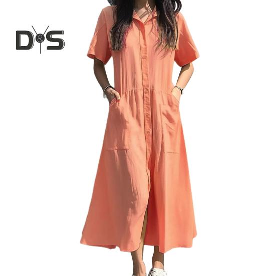 

Женское платье с лацканами, коротким рукавом, однобортное, повседневное платье с карманами, однотонное, свободного кроя, платье-рубашка S оранжевый