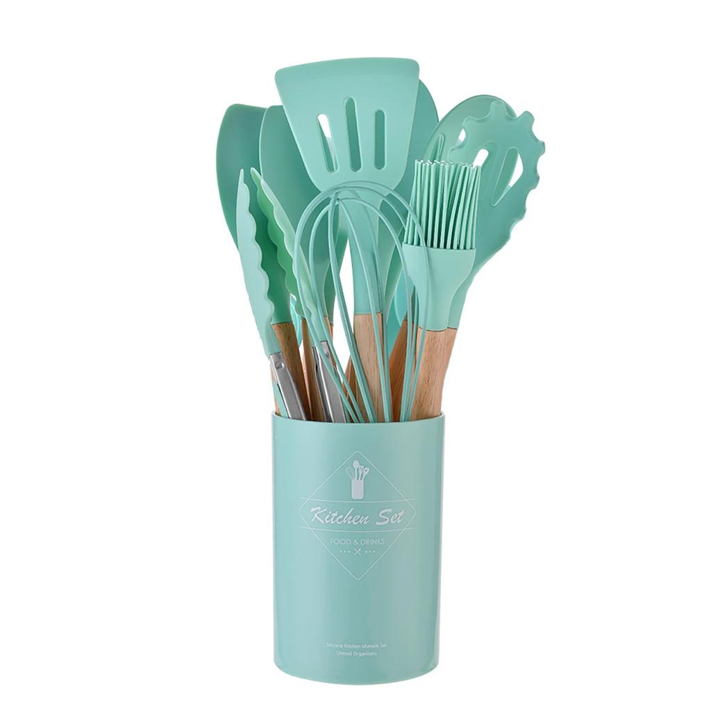 12Pcs/Set Utensílios de cozinha de silicone com alça de madeira balde resistente a altas temperaturas e antiaderente panela espátula colher