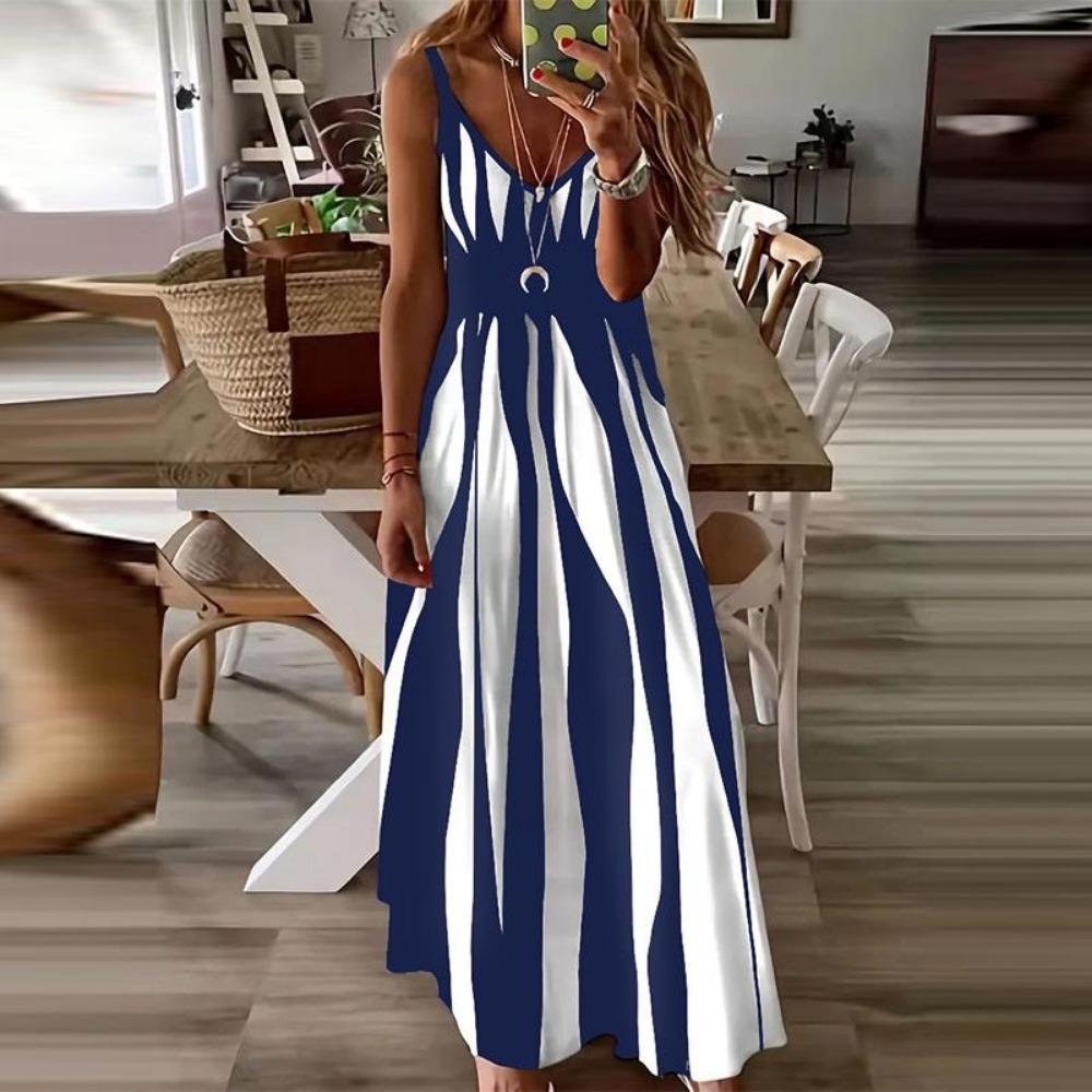 LYRIA Sexy Sleeveless Dress Women Black White Stripe Printed Long Dresses Summer Casual Vacation Party Dress Robe