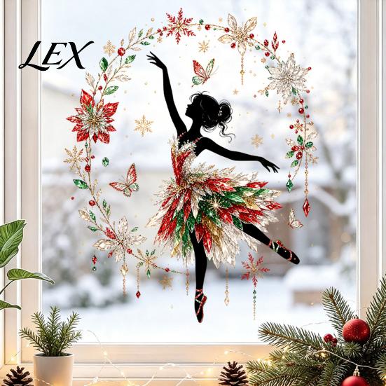 Removable Vinyl Wall Decor Christmas Ballet Girl Static Window Clings, Xmas Glass Decals, Winter Non Adhesive Residue Film Ballerina Elf Stickers for