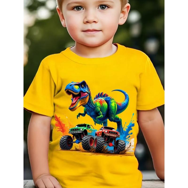 

European sizes [Dinosaur Truck Tee] Boys Dinosaur Truck Print T-Shirt | Summer Fashion Short Sleeve Casual Top 164cm жовтий
