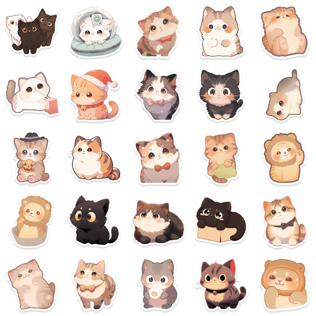 50Pcs Cartoon Cats Sticker Water Resistant Aesthetic Sticker for Water Bottle Scrapbook Journal Laptop Guitar Luggage