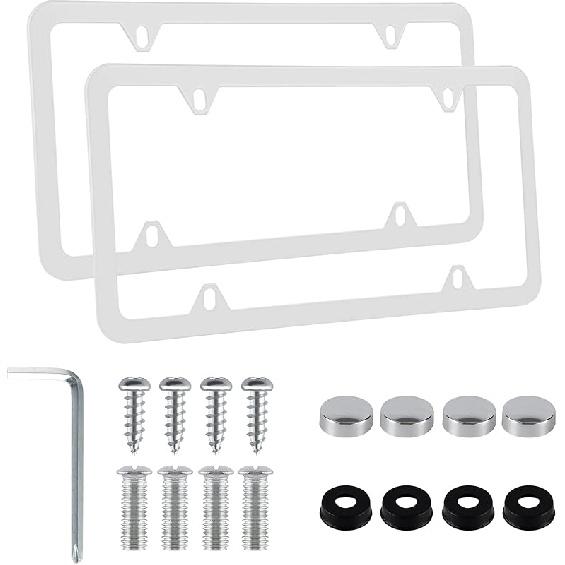 Alpmosn 2PCS Stainless Steel License Plate Frames, 4 Holes Car Licence Plate Covers with Screws Washers and Caps, Car Exterior Accessories, License