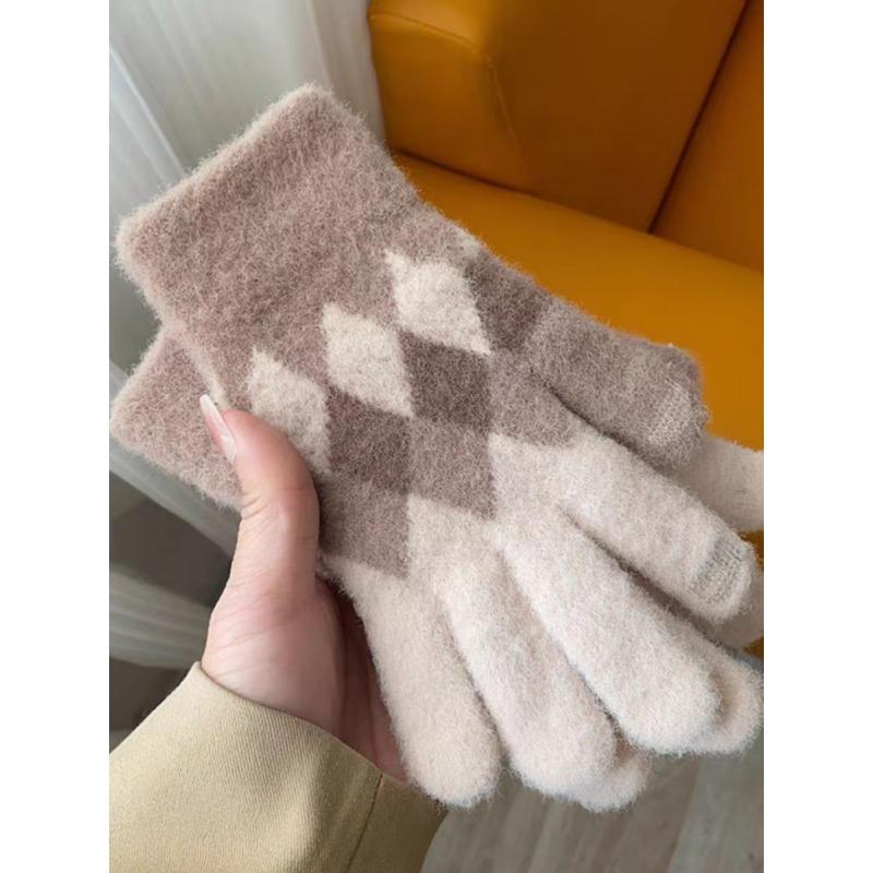Autumn and winter warm knitted gloves women's cycling hand guards cold gloves adult fashion rhombus full gloves