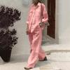 Fashion Solid Cotton Linen Shirt Set for Women Long Sleeve Blouse Top Pockets Pants Suit Female Casual Outfits