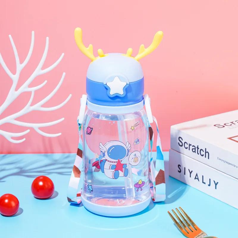 600ml/20oz Children's Straw Cup Deer Antler Creative Leak-proof Water Bottle with Straw Suitable for Campus Boys/Girls BPA Free