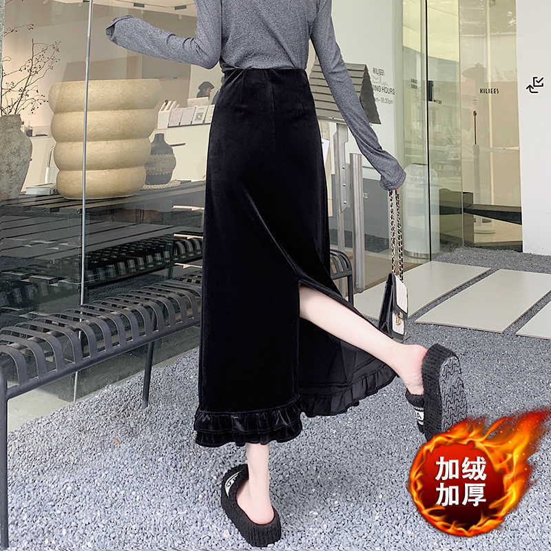 After autumn and winter, open-ended fungus lace velvet skirt, long women's super good-looking straight stacked wear velvet thickened winter skirt