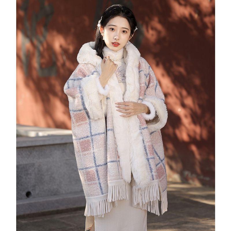 Long Cape Shawl with Cheongsam Outerwear Fleece-lined Thickened Jacket Tassel Top