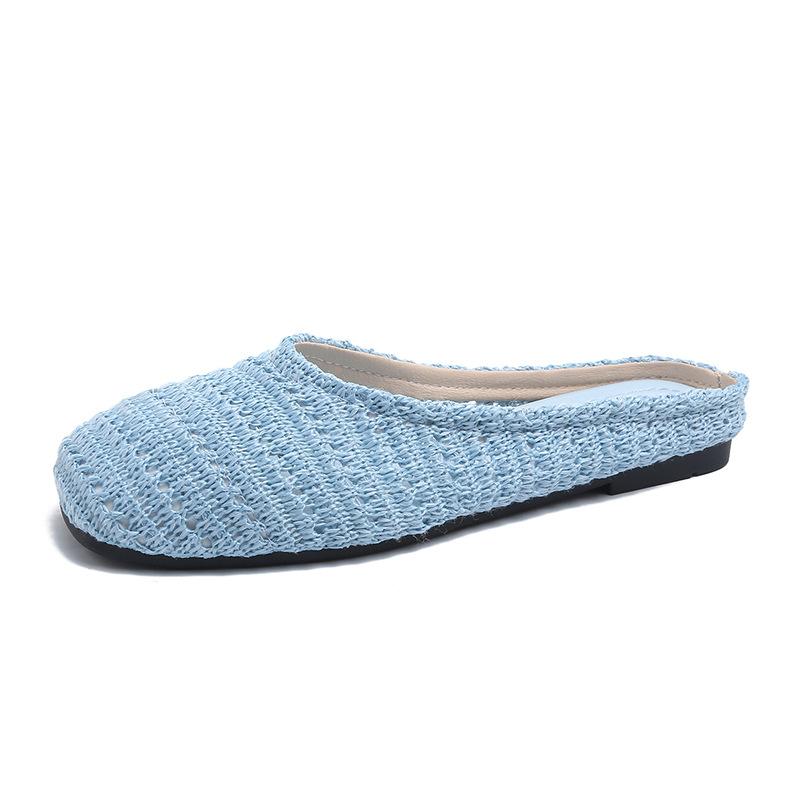 

French holiday woven bag head half slippers women s outer wear 2025 summer with skirt evening breeze hollow cool slippers women 40 синій