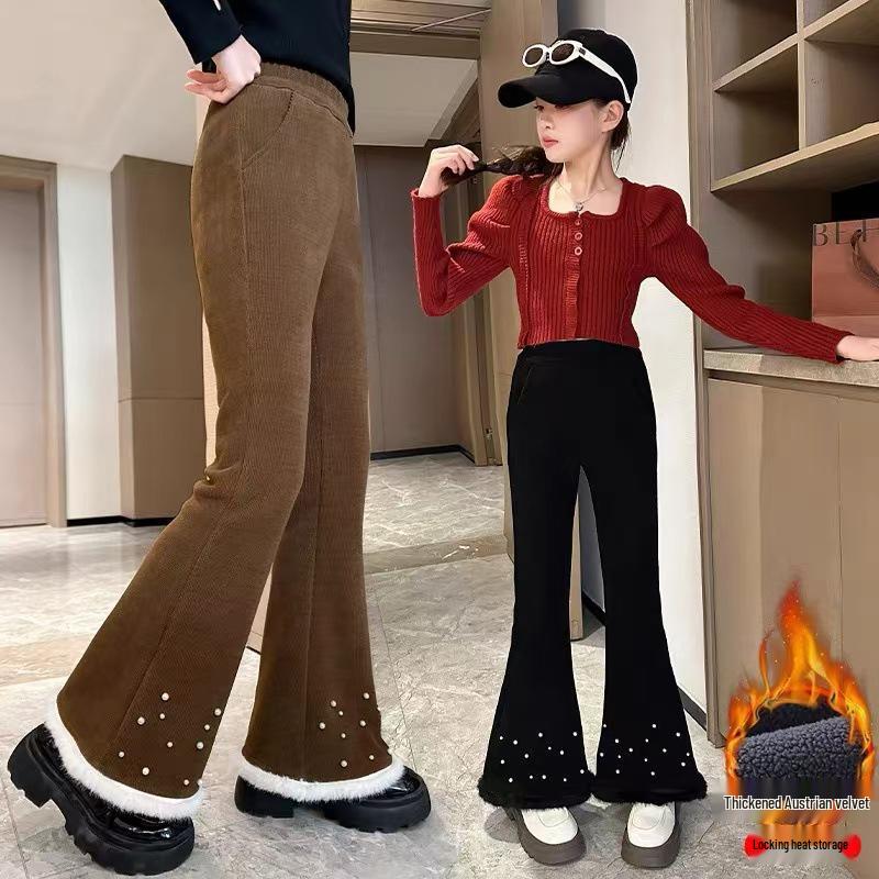 Girls' Micro-Flared Black Pants - Stylish & Warm for Autumn/Winter 2025