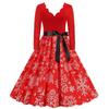 European and American Retro Autumn Burning Flowers V-neck Slim fit A Word Snowflake Elk Christmas Mid-Length Long sleeve dress Formal Dress