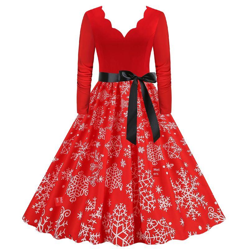 European and American Retro Autumn Burning Flowers V-neck Slim Fit A Word Snowflake Elk Christmas Mid-Length Long Sleeve Dress Formal Dress