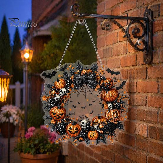 Durable Halloween Porch Decoration Pumpkin Pendant with Hanging Chain Waterproof Acrylic Welcome Front Door Sign for Window Wall Indoor Outdoor